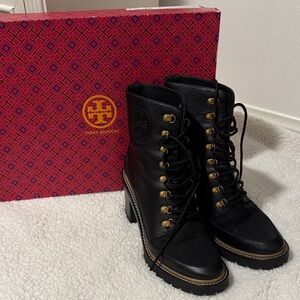 Tory Burch Black and Gold Lace Up Boots